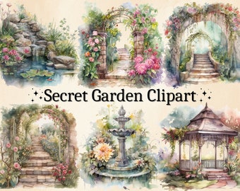 Aquarell Secret Garden Clipart: Blumentore PNG Bundle (Digitaler Download)