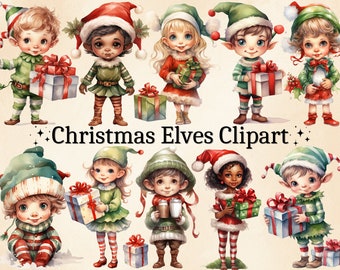 Watercolor Christmas Elves Clipart: Holiday PNG Bundle (Digital Download)