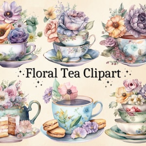 24 PNG Acuarela Floral Tea Clipart, Tea Party Clip art, Pastel Tea Clipart, Tea Time art, Flower Tea Cups, Vintage Tea Party, PNG Bundle