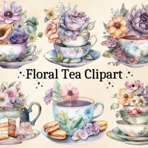 24 PNG Watercolor Floral Tea Clipart, Tea Party Clip art, Pastel Tea Clipart, Tea Time art, Flower Tea Cups, Vintage Tea Party, PNG Bundle