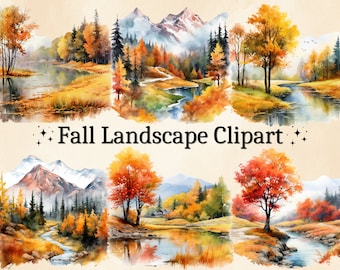 Watercolor Fall Landscape Clipart: Autumn Trees, Mountains (PNG Digital Bundle)