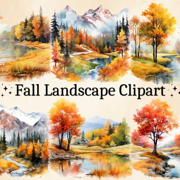 16 PNG Watercolor Fall Landscape Clipart, Autumn Landscapes, Fall Trees, Fall Mountains, Autumn Rivers, Fall Decor, Digital Bundle