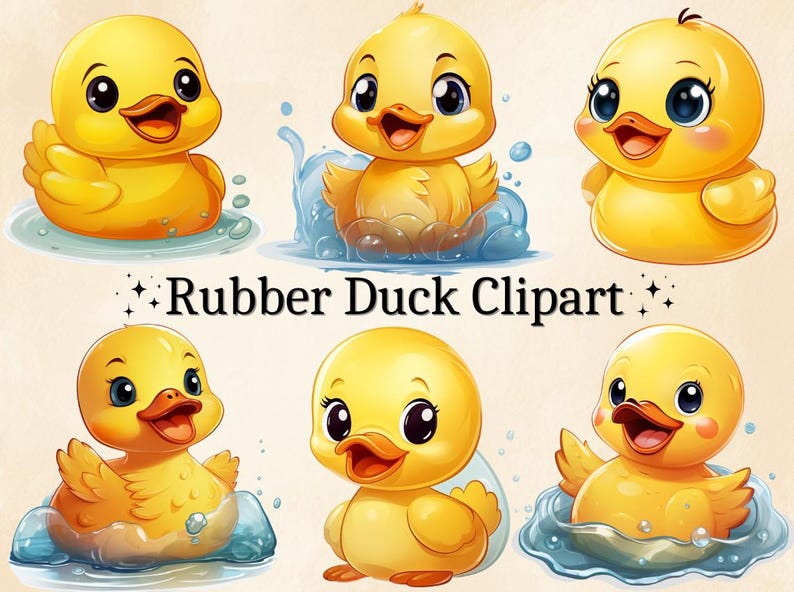 May include: Six yellow rubber duck illustrations with cartoon eyes and smiling faces. Some ducks are in a blue water setting, while others are on a white background. The text "Rubber Duck Clipart" is in the center of the image.