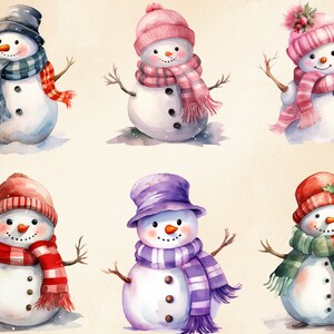 May include: Six watercolour illustrations of snowmen with different coloured hats and scarves. The snowmen are all smiling and have black eyes and buttons. The background is a light beige colour.