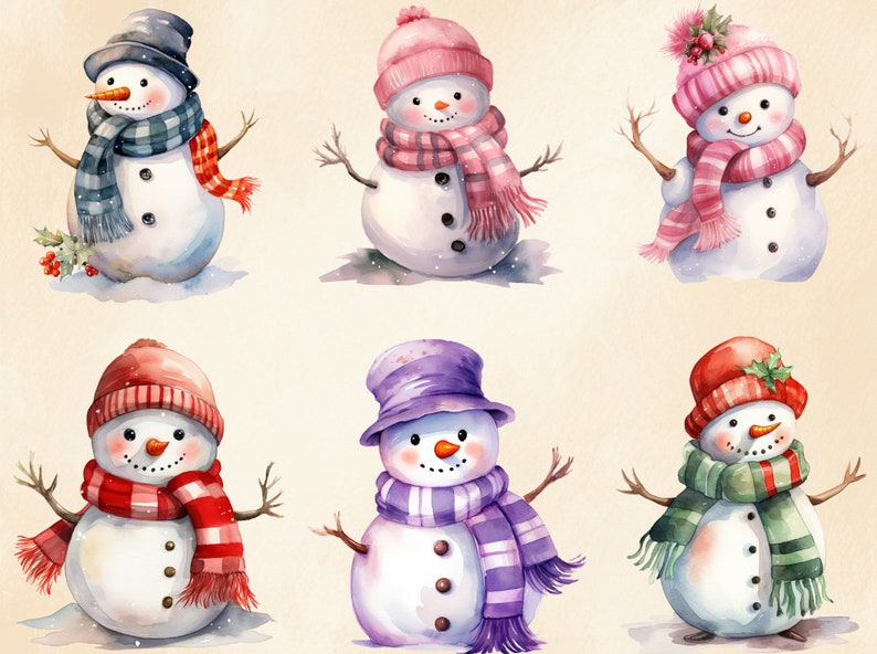 May include: Six watercolour illustrations of snowmen with different coloured hats and scarves. The snowmen are all smiling and have black eyes and buttons. The background is a light beige colour.