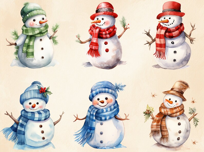 May include: Six watercolour illustrations of snowmen wearing different coloured hats and scarves. The snowmen are all smiling and have two black buttons for eyes.