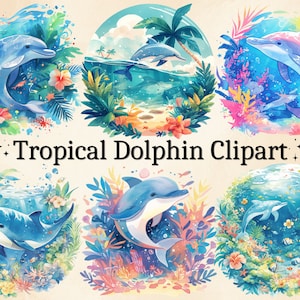 12 PNG 水彩トロピカル イルカ クリップアート、夏のイルカ クリップアート、航海クリップアート、海の動物 PNG、商用利用、デジタル バンドル