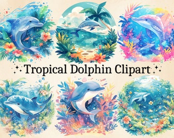 Watercolor Tropical Dolphin Clipart: Sea Animals PNG Bundle (Digital Download)
