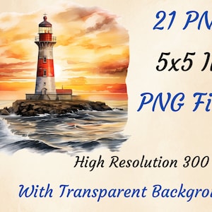 May include: A watercolor painting of a lighthouse on a rocky island with a sunset in the background. The lighthouse is red and white with a black roof. The water is blue and there are waves crashing against the rocks. The sky is orange and yellow. 21 PNG files, 5x5 inches, high resolution 300 DPI, with transparent background.