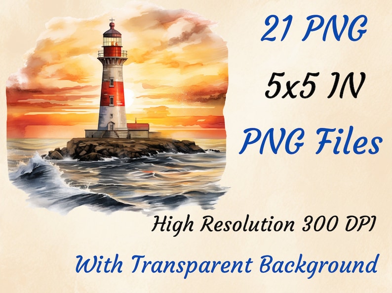 May include: A watercolor painting of a lighthouse on a rocky island with a sunset in the background. The lighthouse is red and white with a black roof. The water is blue and there are waves crashing against the rocks. The sky is orange and yellow. 21 PNG files, 5x5 inches, high resolution 300 DPI, with transparent background.