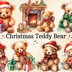 30 PNG aquarela de ursinho de pelúcia de Natal, clipart de Natal, ursos de inverno, clipart de férias, ursinhos de Natal, pacote digital