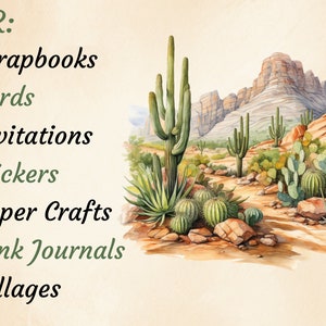 K&ouml;nnte beinhalten: Aquarellillustration einer W&uuml;stenlandschaft mit Kakteen und Bergen. Das Bild enth&auml;lt den Text "FOR: Scrapbooks, Cards, Invitations, Stickers, Paper Crafts, Junk Journals, Collages."