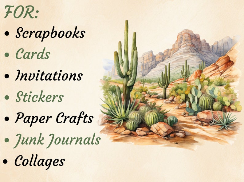 K&ouml;nnte beinhalten: Aquarellillustration einer W&uuml;stenlandschaft mit Kakteen und Bergen. Das Bild enth&auml;lt den Text "FOR: Scrapbooks, Cards, Invitations, Stickers, Paper Crafts, Junk Journals, Collages."