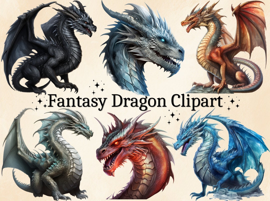 18 PNG Watercolor Dragon Clipart, Fantasy Dragons, Magical Dragons