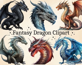 Clipart de dragón en acuarela: Arte de dragón de fantasía, paquete digital (PNG)