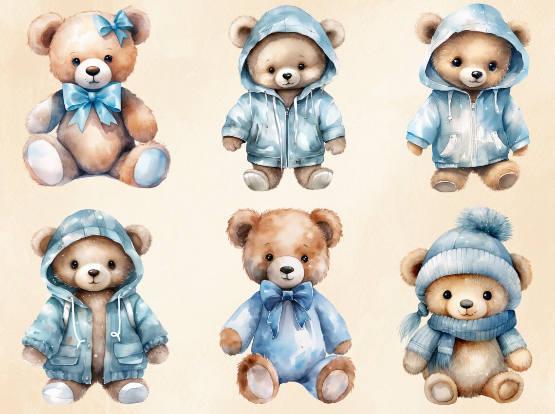 Watercolor Blue Teddy Bear Clipart: Baby Shower Bundle (PNG Digital ...