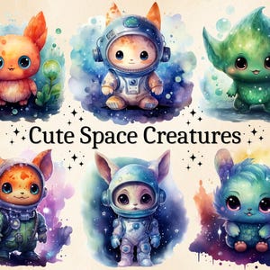 12 PNG Watercolor Cute Space Creatures Clipart, Space Animals, Alien Art, Nursey Decor, Baby Shower, Commercial Use, PNG Bundle