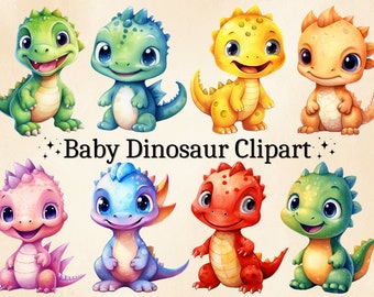 18 PNG Watercolor Dinosaur Clipart, Baby Dinosaur Clipart, Nursery Decor, Cute Baby Dinos, Commercial Use, Digital PNG Bundle