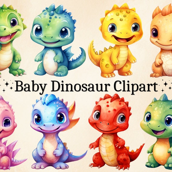 18 PNG Watercolor Dinosaur Clipart, Baby Dinosaur Clipart, Nursery Decor, Cute Baby Dinos, Commercial Use, Digital PNG Bundle