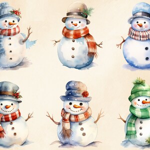 May include: Six watercolour illustrations of snowmen with different hats and scarves. The snowmen are all smiling and have buttons on their bodies. The background is a light beige colour.
