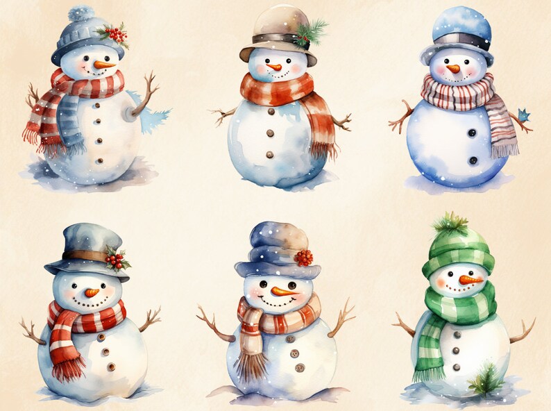 May include: Six watercolour illustrations of snowmen with different hats and scarves. The snowmen are all smiling and have buttons on their bodies. The background is a light beige colour.