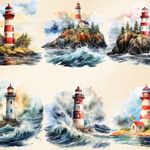 May include: Six watercolor paintings of lighthouses on islands in the sea. The lighthouses are red and white with a white top and a red roof. The islands are rocky and covered in green trees. The sea is blue and green with white waves.