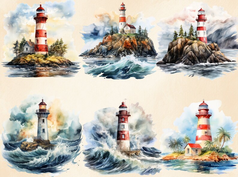 May include: Six watercolor paintings of lighthouses on islands in the sea. The lighthouses are red and white with a white top and a red roof. The islands are rocky and covered in green trees. The sea is blue and green with white waves.
