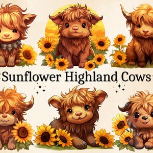 12 PNG Girasol Highland Cow Clipart, Girasol PNG, Imágenes de vacas de acuarela, Vacas de dibujos animados, Fondo transparente, Uso comercial
