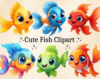 12 PNG akvarell söt fisk Clipart, hav Clipart, hav Clipart, babyfisk PNG, barnrumsinredning, kommersiellt bruk, digitalt PNG-paket