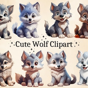 12 PNG Aquarell niedlichen Wolf Clipart, Baby Wolf Bilder, Cartoon Wölfe, Kinderzimmer Dekor, kommerzielle Nutzung, transparenten Hintergrund, digitale Bündel
