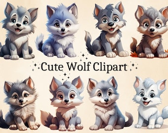 May include: A set of ten cute cartoon wolf illustrations. The wolves are all different colors and have different expressions on their faces. They are all sitting in a playful pose. The text "Cute Wolf Clipart" is written in black letters below the wolves.