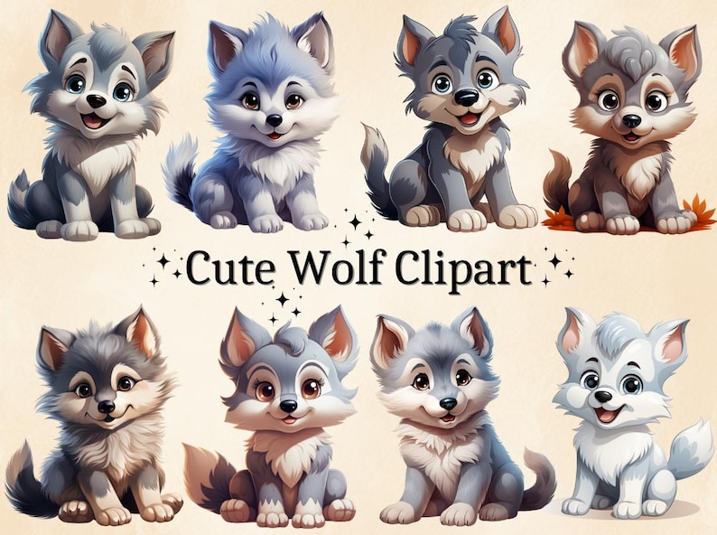Puede incluir: Un conjunto de diez ilustraciones de lobos de dibujos animados lindos. Los lobos son todos de diferentes colores y tienen diferentes expresiones en sus caras. Todos est&aacute;n sentados en una pose juguetona. El texto "Cute Wolf Clipart" est&aacute; escrito en letras negras debajo de los lobos.