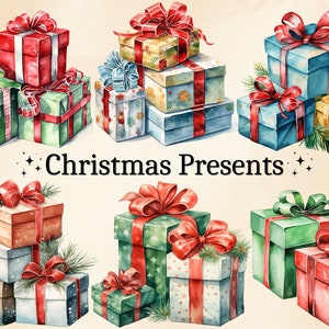 32 PNG acuarela regalos de Navidad imágenes prediseñadas, lindas cajas de regalo, regalos de Navidad Clip Art, decoración navideña, fabricación de tarjetas, paquete digital