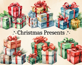 32 PNG Watercolor Christmas Presents Clipart, Cute Gift Boxes, Christmas Gifts Clip Art, Holiday Decor, Card Making, Digital Bundle