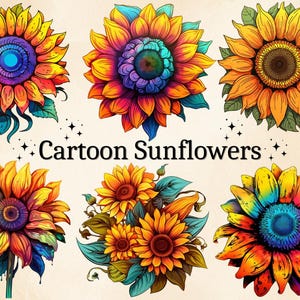 12 PNG Dibujos animados Girasoles Clipart, Floral PNG, Flores coloridas, Girasol PNG, Fondo transparente, Uso comercial, Paquete digital