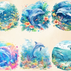Akvarell tropisk delfin clipart: Havsdjur PNG-paket (digital nedladdning) bild 5