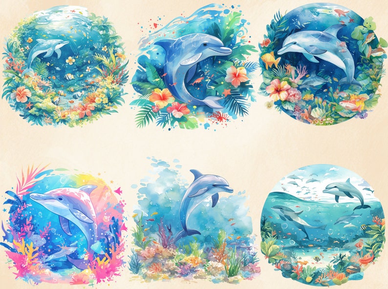 Akvarell tropisk delfin clipart: Havsdjur PNG-paket (digital nedladdning) bild 5
