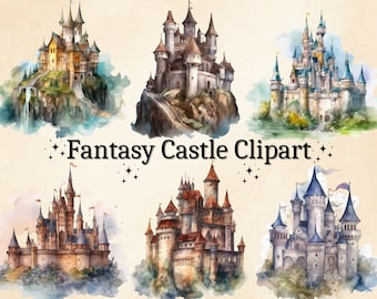 Watercolor Fantasy Castle Clipart: Vintage Medieval PNG Bundle (Digital Download)