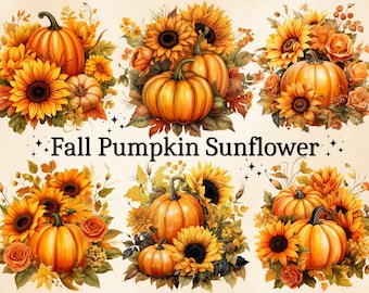 Aquarell Herbst Kürbis Sonnenblume Clipart: Herbst PNG Bilder (digitaler Download)