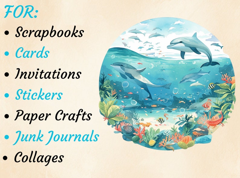 Akvarell tropisk delfin clipart: Havsdjur PNG-paket (digital nedladdning) bild 3