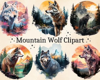 Watercolor Mountain Wolf Clipart: Majestic PNG Images (Digital Bundle)