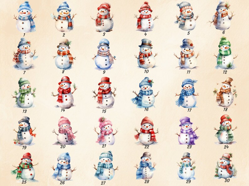 May include: A collection of 30 watercolour illustrations of snowmen wearing various hats, scarves, and accessories. The snowmen are all different colours and have different facial expressions.