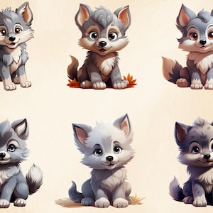 Puede incluir: Seis ilustraciones de dibujos animados de cachorros de lobo grises y blancos con ojos grandes y pelaje esponjoso. Los cachorros est&aacute;n sentados con las patas metidas debajo de ellos y mirando al espectador.