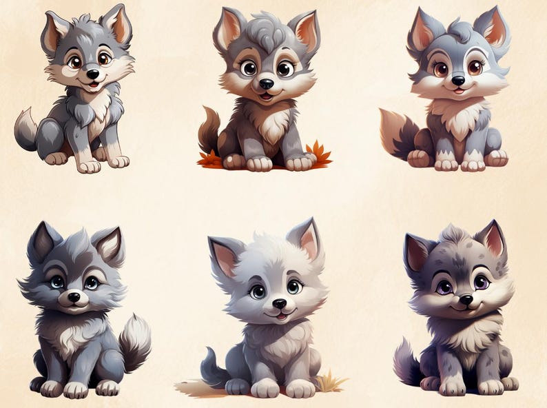 Puede incluir: Seis ilustraciones de dibujos animados de cachorros de lobo grises y blancos con ojos grandes y pelaje esponjoso. Los cachorros est&aacute;n sentados con las patas metidas debajo de ellos y mirando al espectador.
