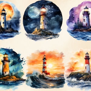 May include: Six watercolor paintings of lighthouses in different weather conditions. Each painting features a lighthouse on a rocky island with waves crashing against the shore. The lighthouses are painted in various colors, including red, white, and blue. The backgrounds of the paintings depict different times of day and night, including a full moon, a starry sky, and a sunset.
