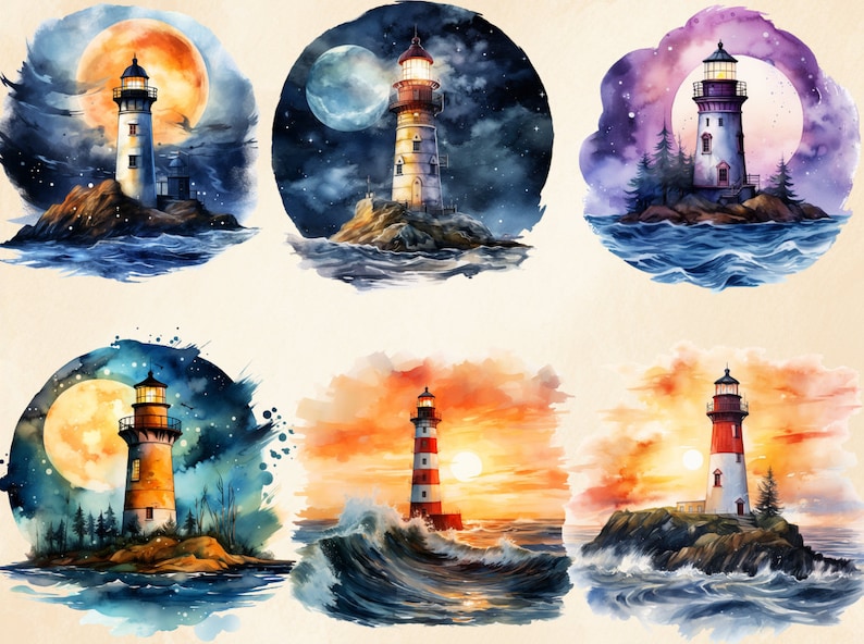May include: Six watercolor paintings of lighthouses in different weather conditions. Each painting features a lighthouse on a rocky island with waves crashing against the shore. The lighthouses are painted in various colors, including red, white, and blue. The backgrounds of the paintings depict different times of day and night, including a full moon, a starry sky, and a sunset.