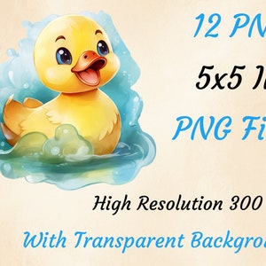 May include: A yellow rubber ducky with a big smile is floating in blue water. The ducky is 5 inches tall and comes in a set of 12 PNG files with transparent backgrounds. The files are high resolution, 300 DPI.