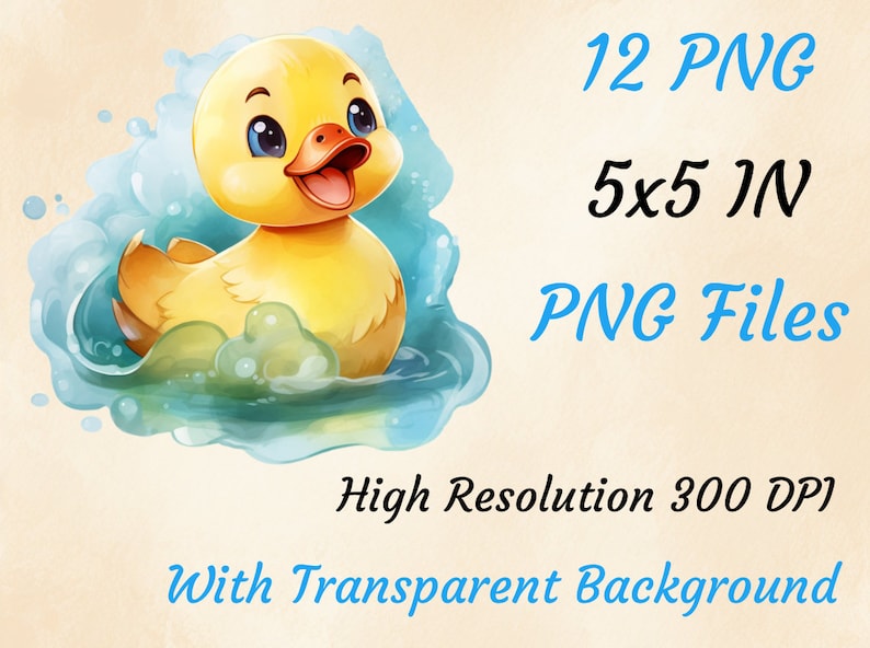 May include: A yellow rubber ducky with a big smile is floating in blue water. The ducky is 5 inches tall and comes in a set of 12 PNG files with transparent backgrounds. The files are high resolution, 300 DPI.