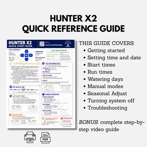 K&ouml;nnte beinhalten: Eine Hunter X2 Kurzanleitung mit wei&szlig;em Hintergrund und blauem sowie schwarzem Text. Das Dokument erl&auml;utert die Steuerungseinstellungen, einschlie&szlig;lich Datum, Uhrzeit, Startzeiten, Laufzeiten, Bew&auml;sserungstage und Fehlerbehebung.