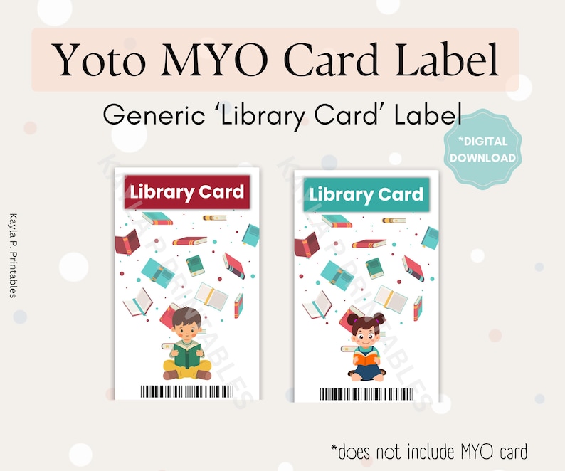 May include: Printable label for a Yoto MYO card, featuring a cartoon illustration of a child reading a book with a background of falling books. The label says "Library Card" in a red and blue banner.